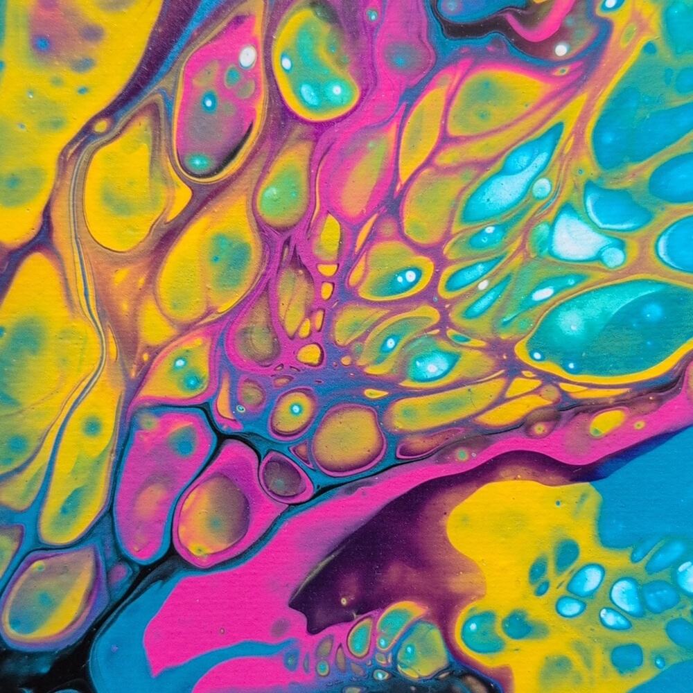Handmade Acrylic Fluid Art Painting Teal Yellow Magenta Stretched Canvas 10"×10" - Picture 3 of 7